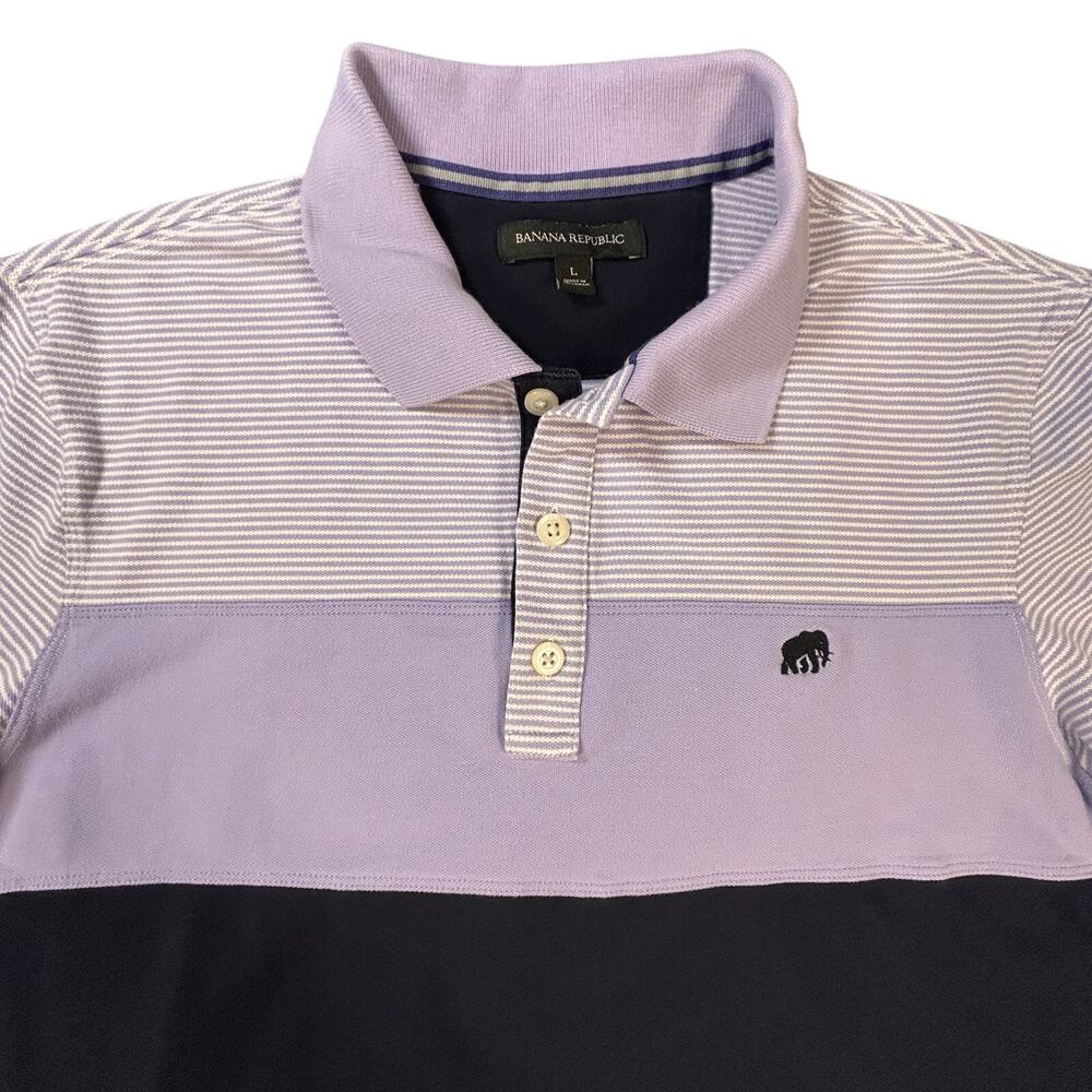Banana Republic Polo Shirt Mens Large Purple Striped Block‎ Color Short Sleeve